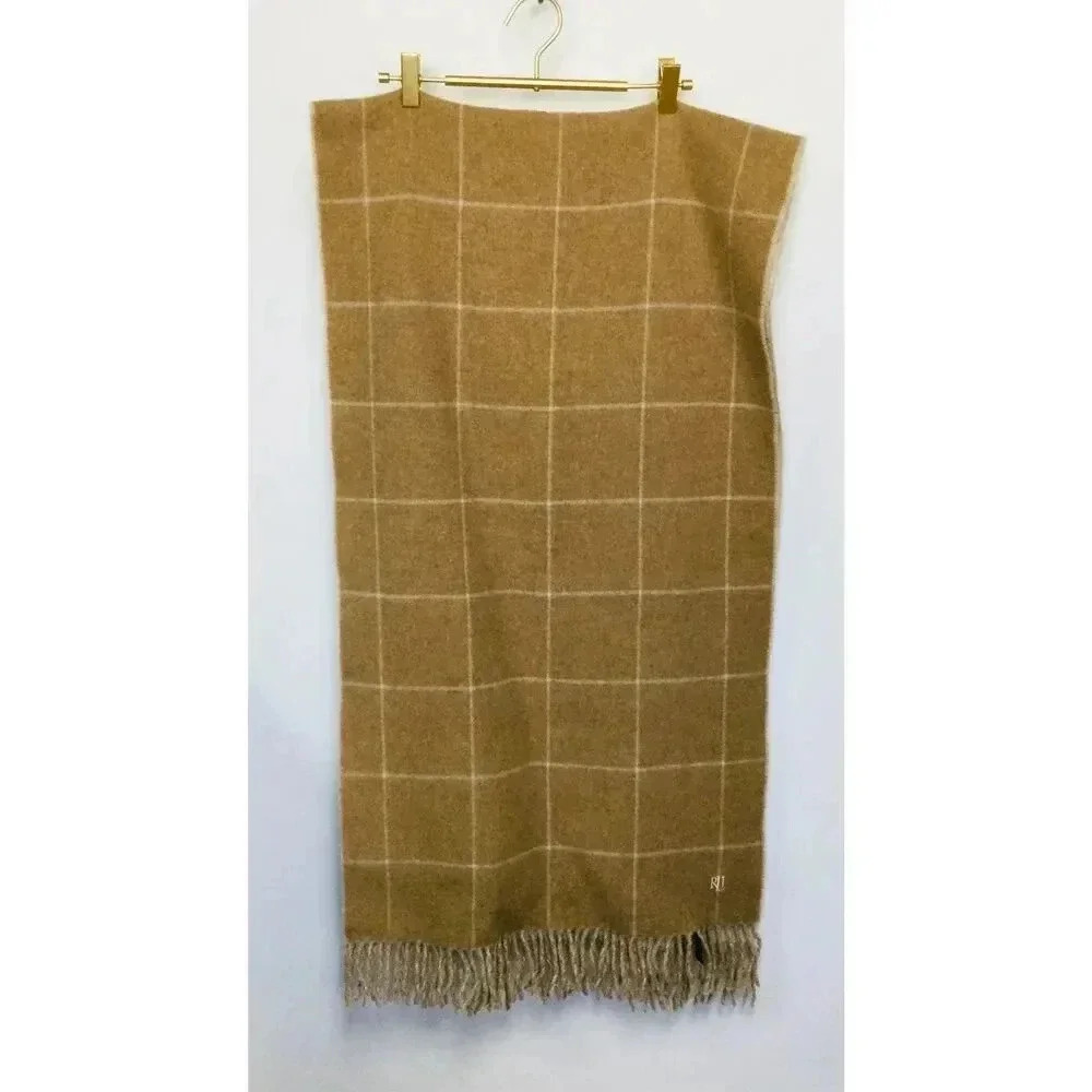 Vintage Lauren Ralph Lauren Unisex Tan Wide Rectangle Fringed Lambswool Checked
